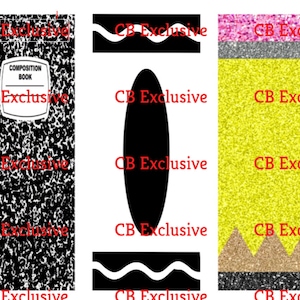 May include: A digital collage of three images. The first image is a black and white composition book with the text "COMPOSITION BOOK" printed on the cover. The second image is a black and white crayon with a wavy line at the top and bottom. The third image is a yellow pencil with a pink eraser and a silver band. The pencil has a glitter texture.