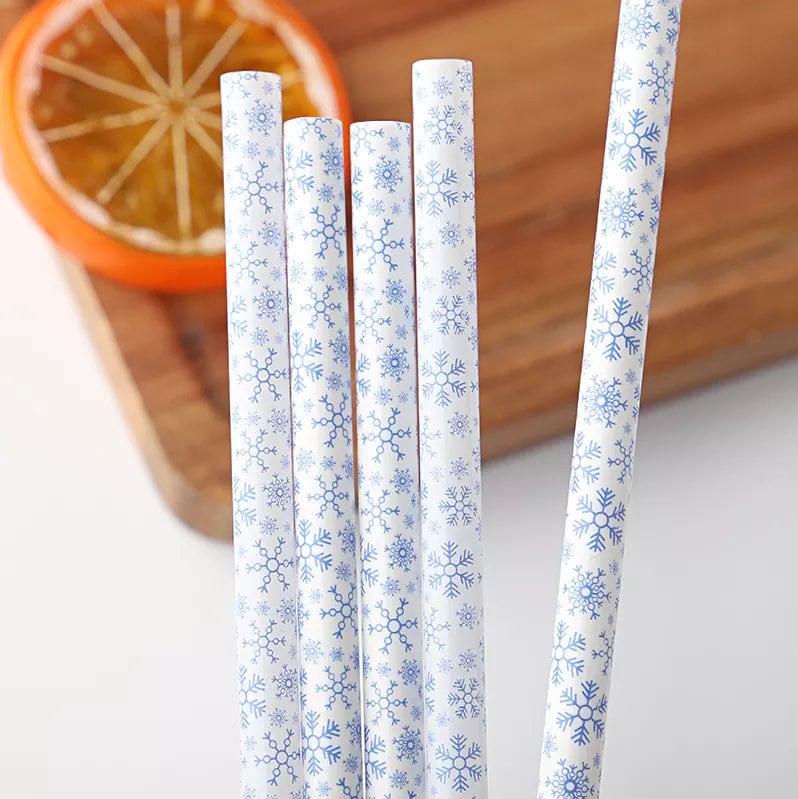 Whaline 200Pcs Winter Paper Straws Snowflake Disposable Straw For