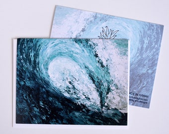Ocean Wave Tropical Hawaiian Greeting Card, Wave stationary, Hawaii art Surf art, Blue Wave Painting, single or pack of cards, blank inside