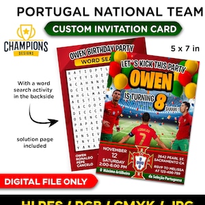 custom CR7 portugal invitation card, 5x7 invitation card ronaldo birthday card, invitation card with word search, digital file only