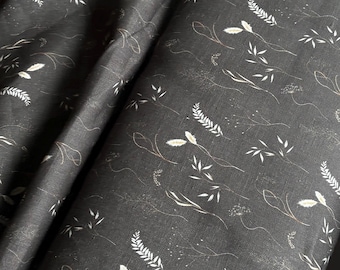 Charcoal Botanical Linen Fabric by Half Yard | 100% Linen Apparel Textile