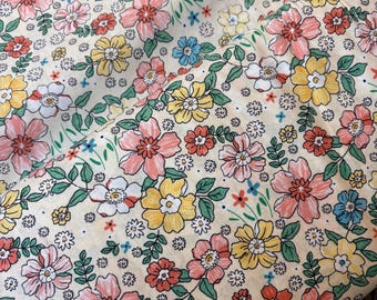 Floral Cotton Fabric – Soft Vintage Style Flowers – Yellow Coral Blue on Cream – 100% Cotton – 55” Wide – Sold by Half Yard