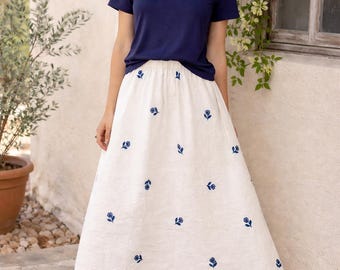 Gonna midi floreale in lino europeo / Vita elasticizzata, stile cottagecore, taglia piccola, realizzata a mano