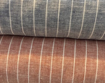 Striped Linen Cotton Fabric – Dusty Blue & Rust – Soft Woven – Linen Blend – 55” Wide – Sold by Half Yard
