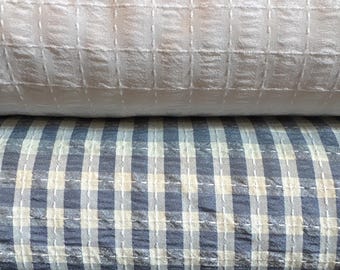 Ivory & Dusty Blue Plaid Fabric – Polyester Rayon Blend – Soft Drapey Woven – 57” Wide – Sold by Half Yard