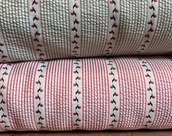 Cherry Stripe Fabric – Red & Sage Options – Polyester Rayon Blend – Soft Drapey Woven – 57” Wide – Sold by Half Yard