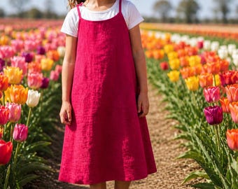 Abito salopette da bambina in lino / Rosso cremisi / Spalline regolabili con laccetti / Lunghezza midi / 100% lino / Abito da bambina fatto a mano / Taglie 7-10-12