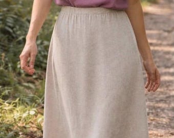 Gonna midi in lino color avena / 100% lino europeo / Gonna con elastico in vita / Gonna con arricciature minime / Gonna in lino fatta a mano / Gonna estiva