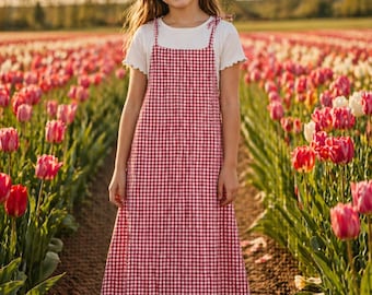 Girls Red Plaid Jumper Dress | 100% Cotton | Adjustable Straps | Handmade Midi Dress | Cottage Style Kids Dress