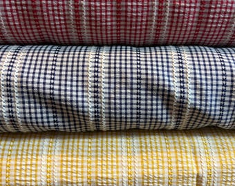 Textured Plaid Fabric – Red, Navy & yellow Options – Polyester Rayon Blend – Soft Drapey – 57” Wide – Sold by Half Yard