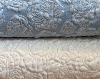Textured Floral Knit Fabric – Blue & Cream – Polyester Spandex – Stretch Jacquard – 59” Wide – Sold by Half Yard