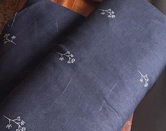 Navy Floral Linen Fabric by Half Yard | 100% Linen Apparel Textile