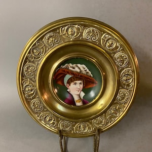 Antique Hand Painted Porcelain Portrait of a Woman with Brass Repousse Frame Circa 1890