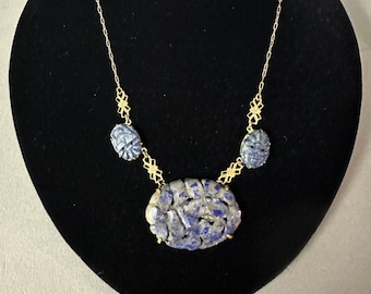 Antique Victorian Edwardian Carved Oval Lapis Pendant Necklace Circa 1910
