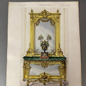 Antique French Decorative Arts Hand Colored Lithograph Console and Mirror Le Garde Meuble Mid c1800s