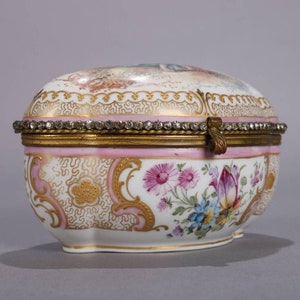 Antique German Hand Painted Porcelain Jeweled And Gilt Bronze Jewelry Box Circa 1890