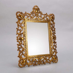 Antique Victorian Gilt Metal Easel Back Table Top Ornate Vanity Mirror Circa 1890