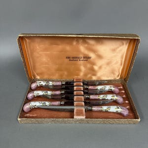 Vintage Sheffield England Set of Six Porcelain & Stainless Steel Knives with Original Case