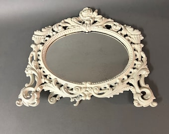 Vintage Ornate French Country Style Cast  Metal Table Top Vanity Mirror Circa 1940