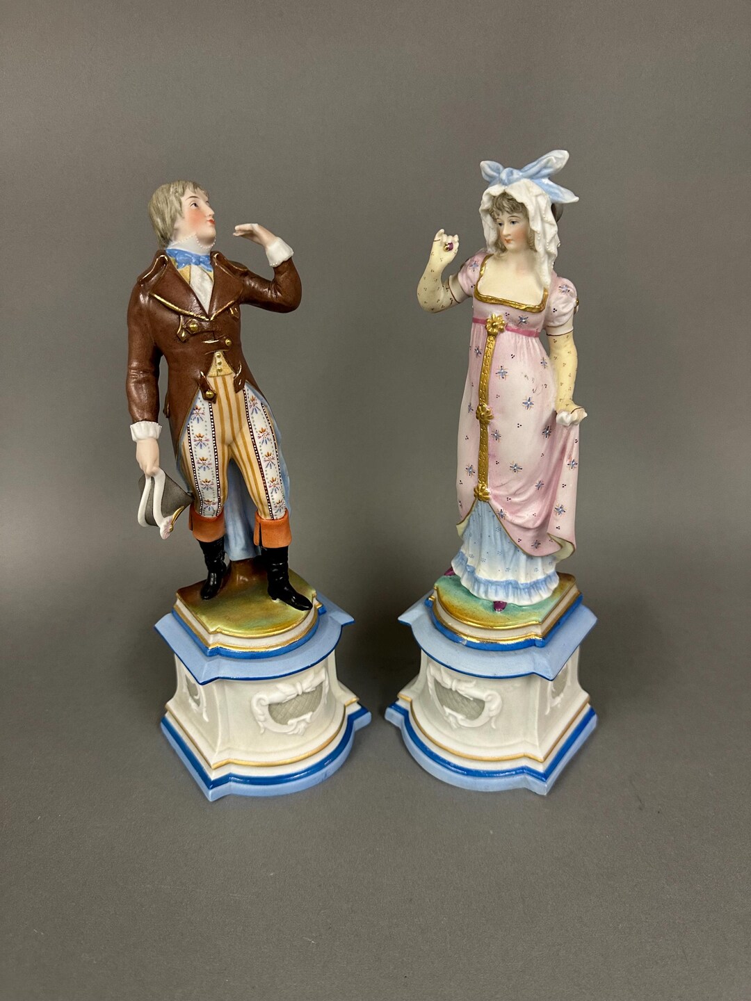 Antique Pair Hand Painted Continental Porcelain Bisque Figurine Statues ...