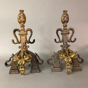 Antique French Louis XVI Gilt Metal Fireplace Andirons - 19th Century