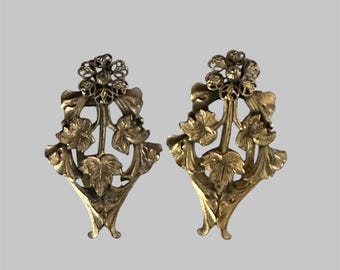 Vintage Art Nouveau Pair of Gold Tone Floral Repousse Dress Clips  Circa 1910