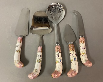 Vintage Sheffield England Prill Floral Porcelain Handle Five Piece