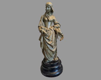 Antique French Bronzed Cast Metal Sculpture Statue of Young Woman 19th C