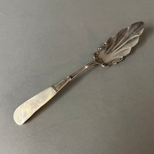 Antique Silver Plate Sterling Silver Jelly Knife Serving Piece Mother of Pearl Handle Circa 1900