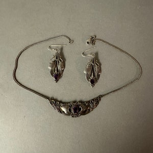Vintage Art Nouveau Inspired Silver Amethyst Necklace Earrings Three Piece Set