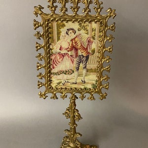 Victorian Gothic Revival Gilt Metal Petite Point Tabletop Face Fire Screen Circa 1880