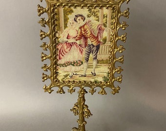 Victorian Gothic Gilt Metal Petite Point Tabletop Face Fire Screen Circa 1880