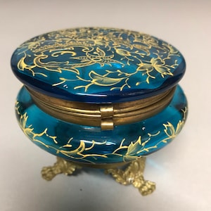 Antique Aqua Blue Victorian Art Glass Hand Enameled Decorated Brass Footed Jewel Box Circa 1890