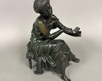 Antique French Bronze Sculpture of Seated Woman, Signed Dumaige, Neoclassical Figure 19th C