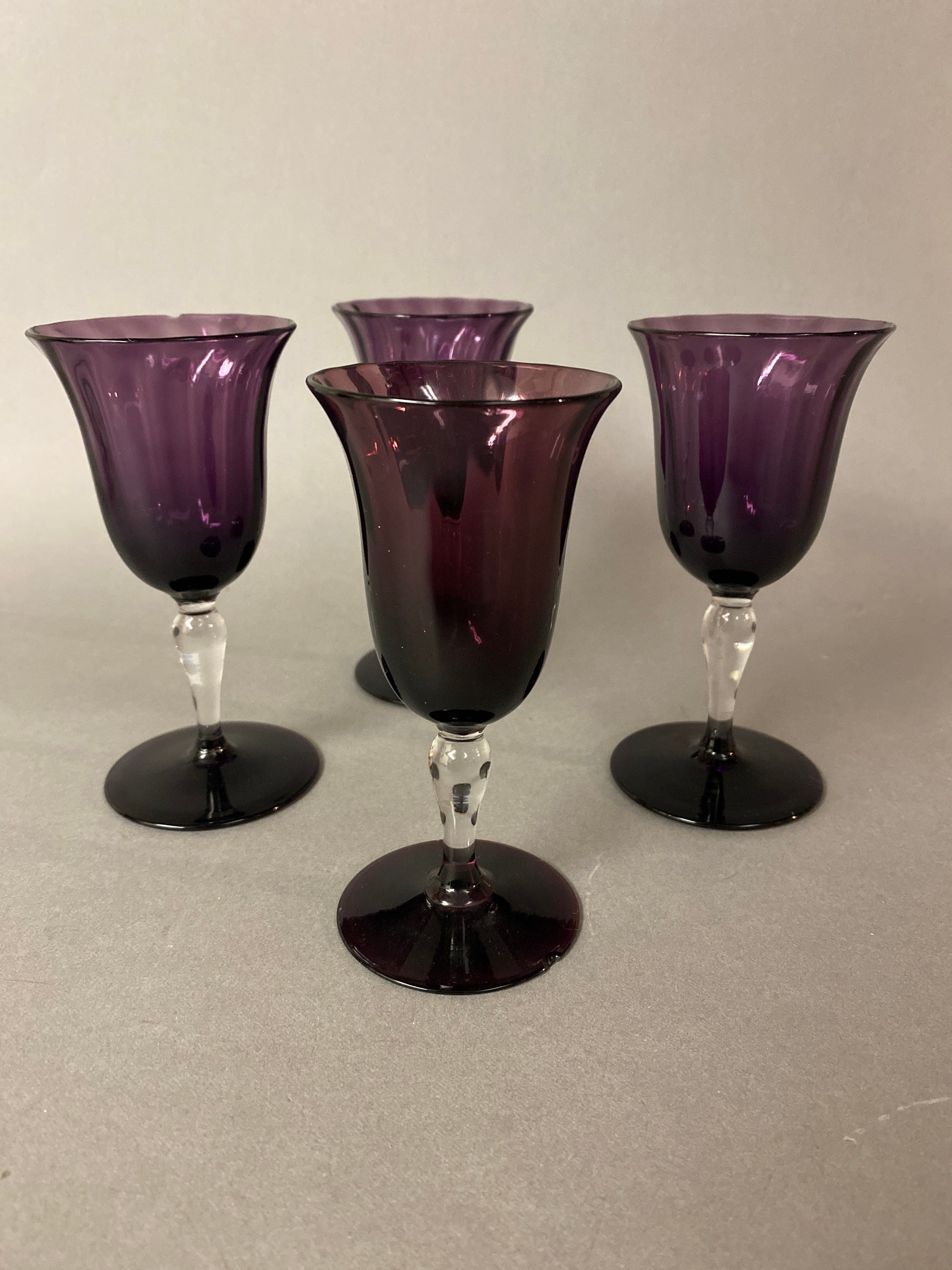 Vintage Set Four Steuben Art Glass Amethyst Stemmed Cordial