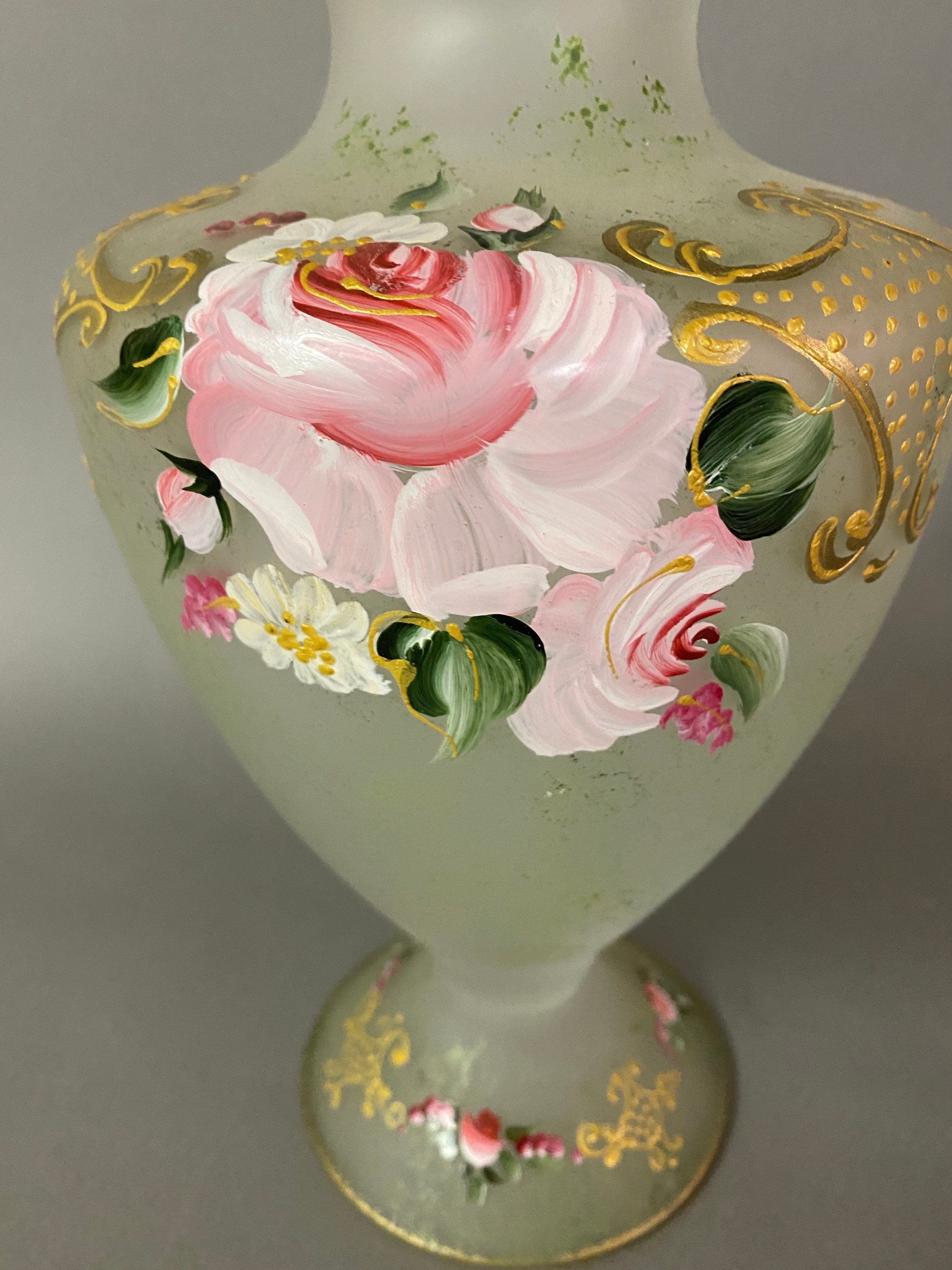 Antique Frosted Satin Glass Enameled Floral Vase Circa 1930 Etsy UK