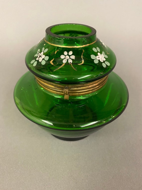 Antique Emerald Green Art Glass Enameled Floral Ha