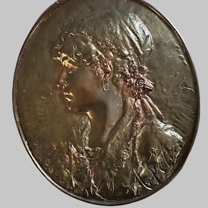 Antique French Gilt Bronze High Relief Portrait Plaque of Young Woman Signed Felis 19th C