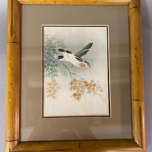 Antique Vintage Asian Watercolor Painting and Bamboo Stylized Frame Circa 1930