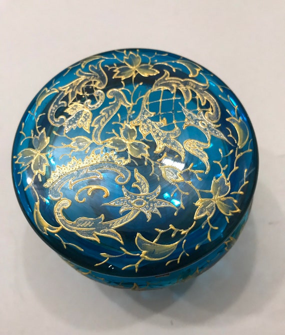 Antique Hand Enameled Aqua Blue Art Glass Brass F… - image 4