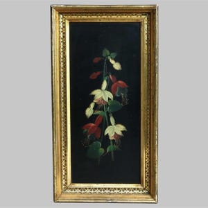 Antique Victorian Still Life Floral Oil Painting on Tin Gilt Wood Frame Circa 1880