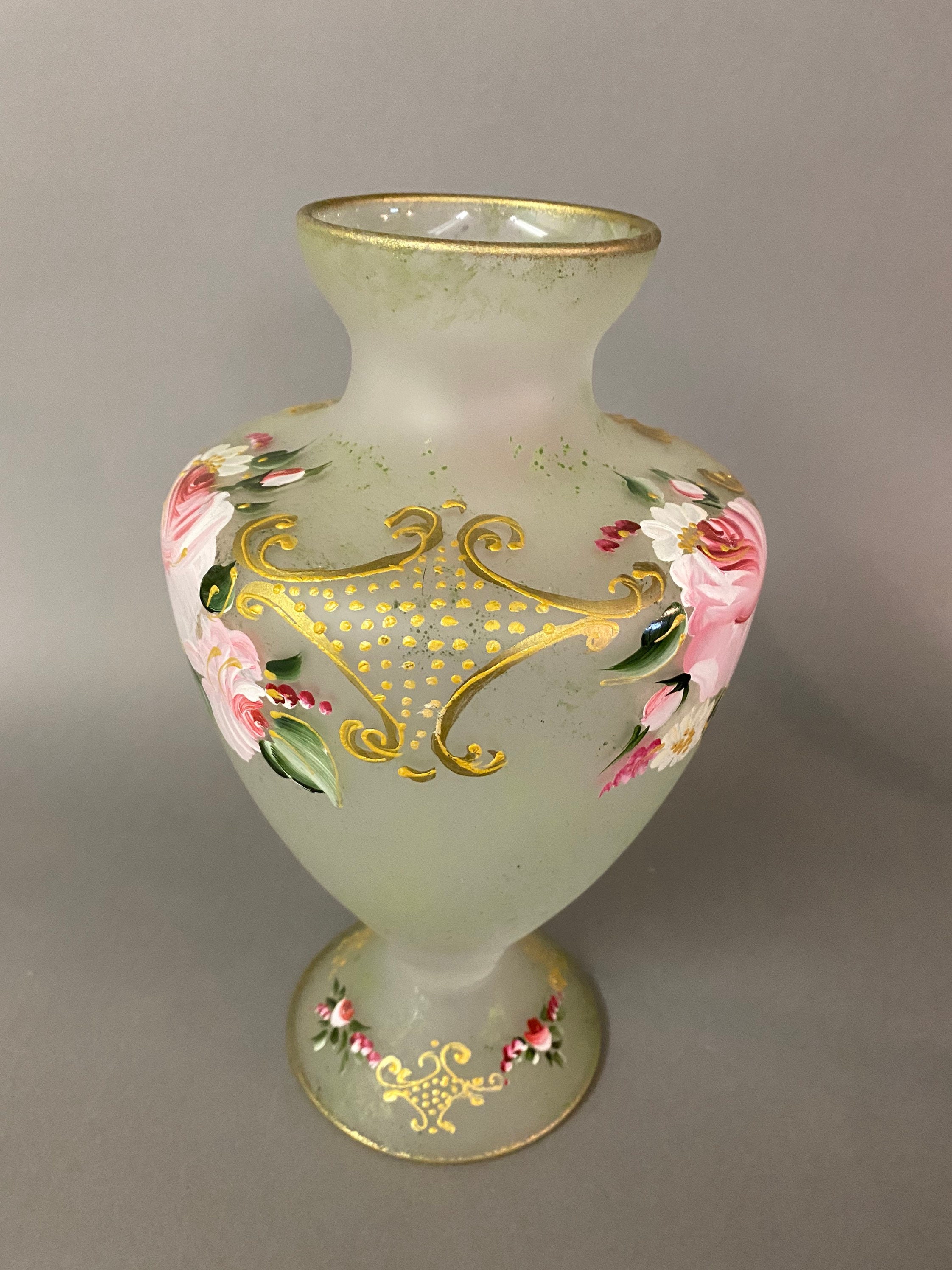 Antique Frosted Satin Glass Enameled Floral Vase Circa 1930 Etsy UK