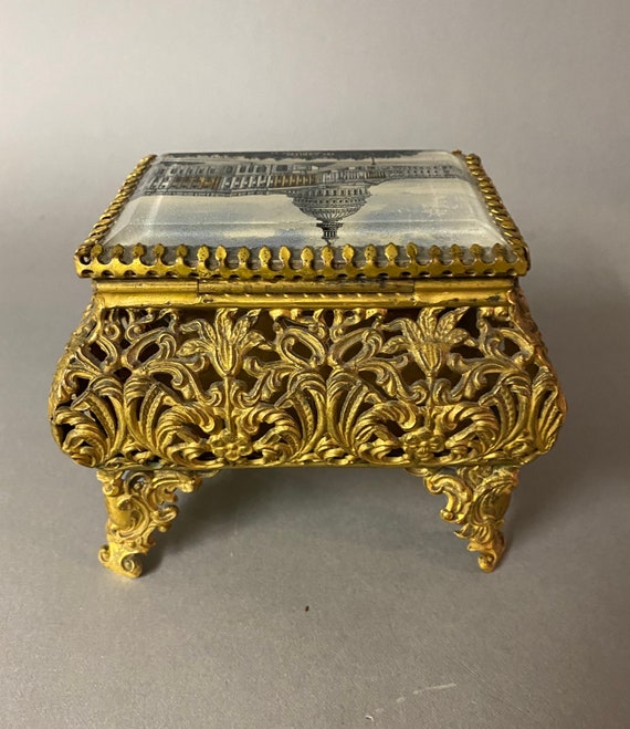 Antique Victorian Ornate Gilt Metal Brass Souvenir Jewel Box Circa 1890 View 2