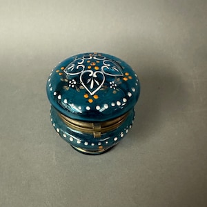 Antique Hand Enameled Blue Art Glass Jewel Box Circa 1890