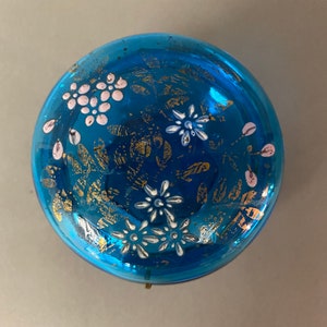 Antique Hand Enameled Blue Glass Jewelry Trinket Box Circa 1900