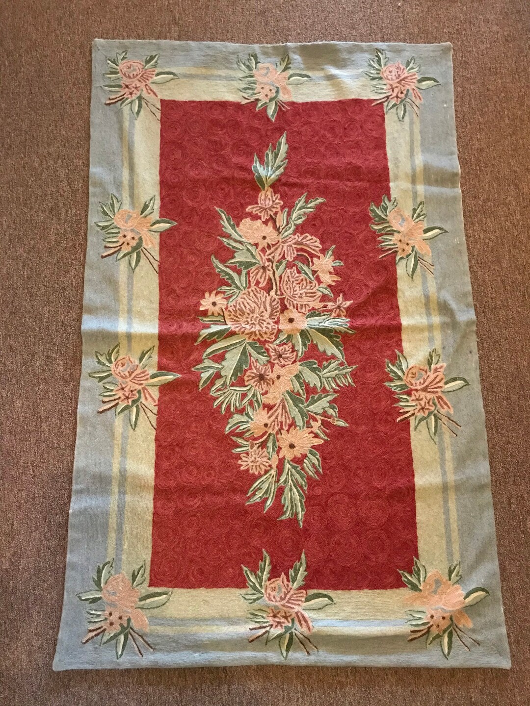 Vintage Country French Floral Crewel Work Chain Stitch Throw Rug - Etsy ...