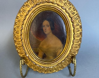 Antique Portrait Print of Young Woman Oval Gilt Frame 1920’s