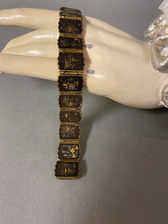 Antique Gold Tone Ebonized Oriental Link Bracelet 