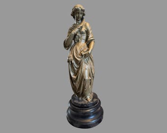 Antique French Bronzed Cast Metal Sculpture Statue of Young Woman 19th C