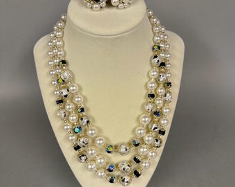 Vintage Faux Pearl Crystal Bead Necklace & Earrings 1950s